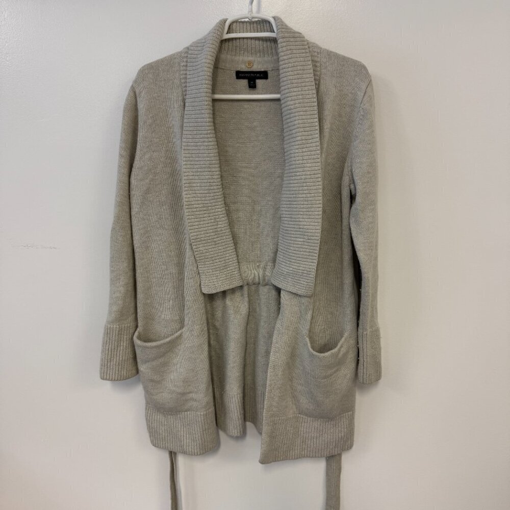 Banana Republic Gray Wool Cardigan Sweater Tie Waist & Removable Faux Fur Collar - Picture 2 of 8